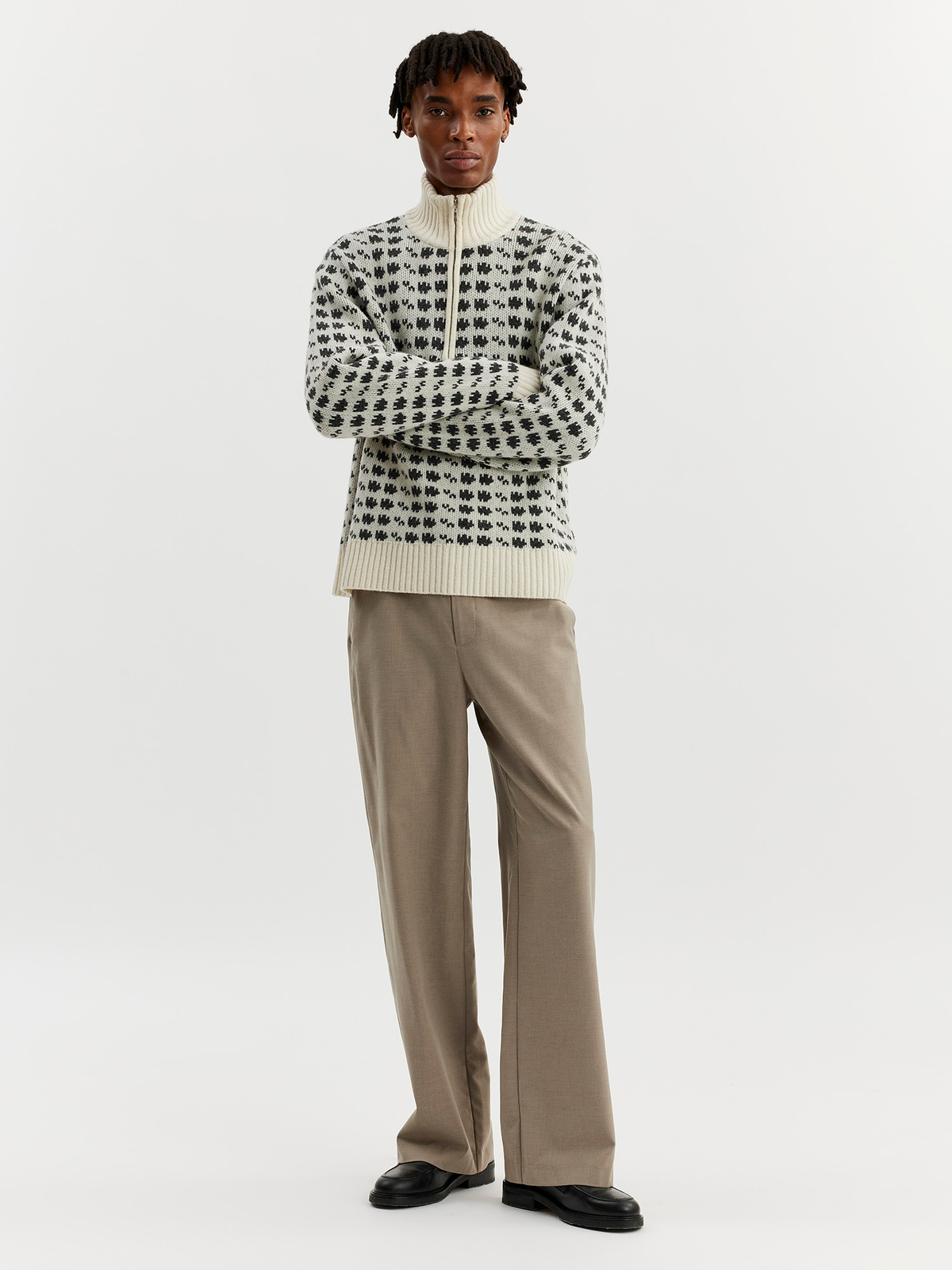 Castle Half Zip Pattern Knit Crew Ecru Mix 1