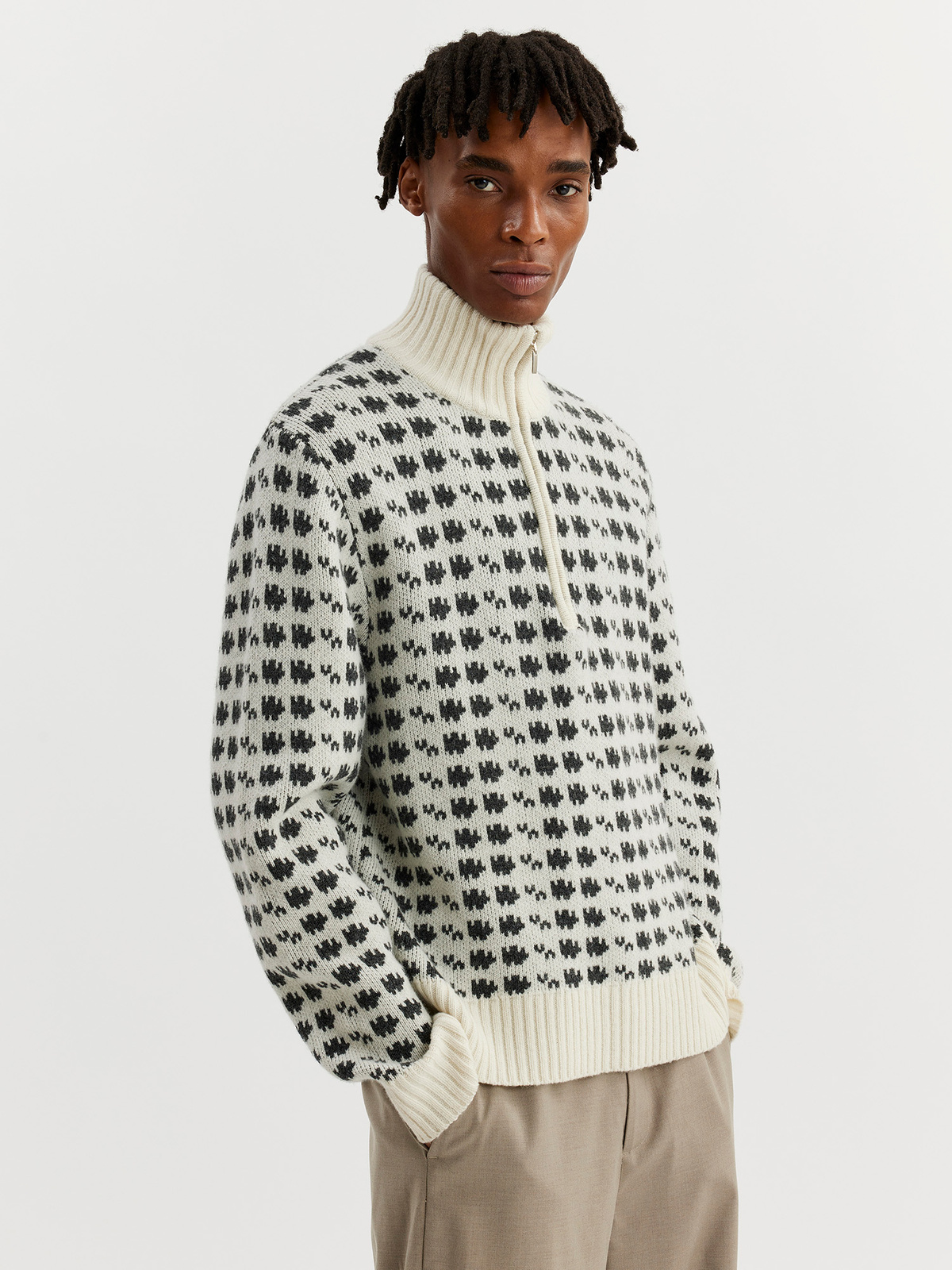 Castle Half Zip Pattern Knit Crew Ecru Mix 0
