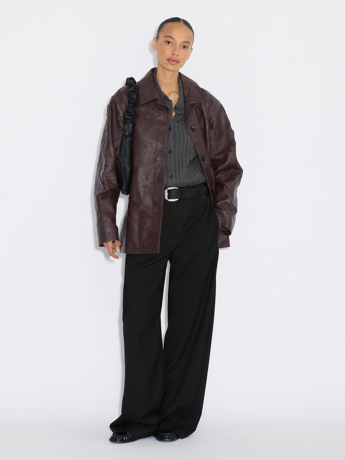 Crinkle-Effect Leather Jacket - Burgundy - Holzweiler