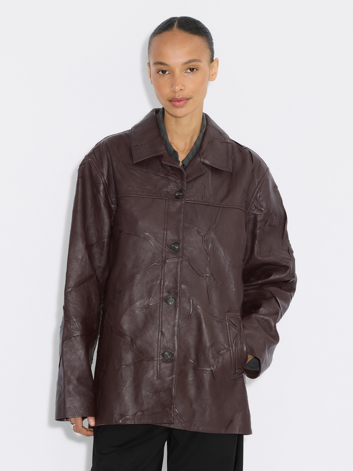 Crinkle-Effect Leather Jacket - Burgundy - Holzweiler