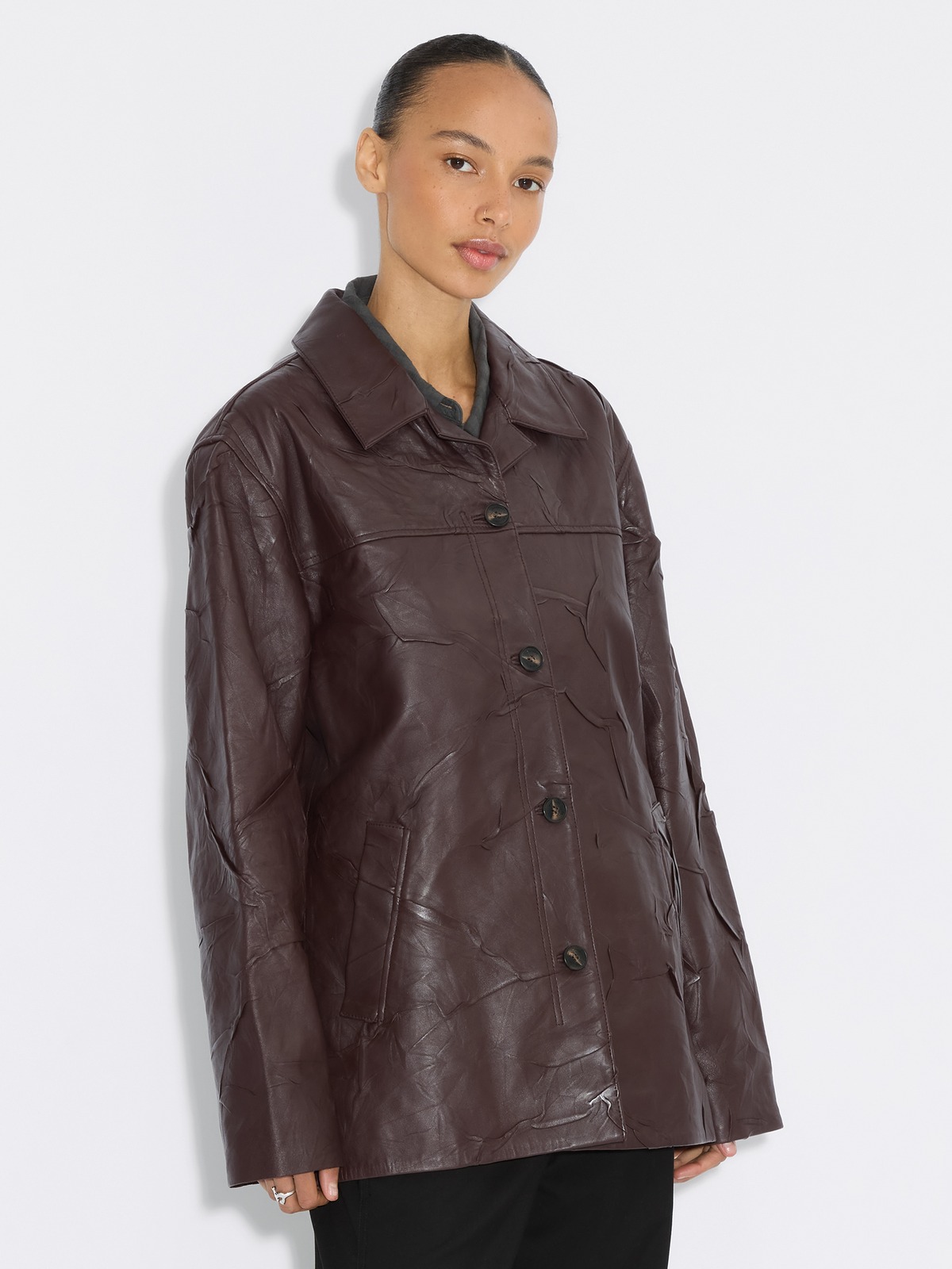 Crinkle-Effect Leather Jacket - Burgundy - Holzweiler