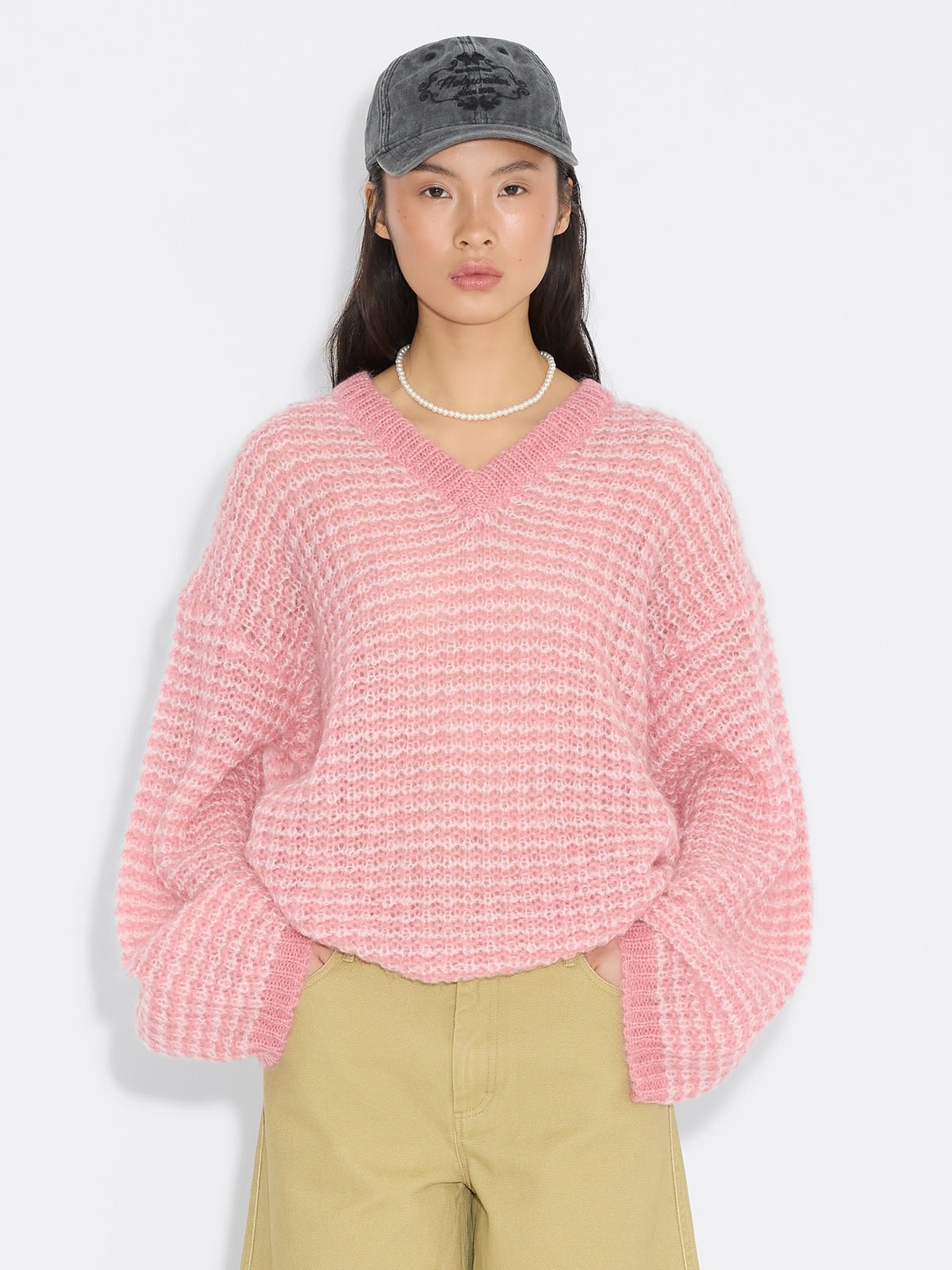 Boxy Mohair V-Neck Sweater - Pink Mix - Holzweiler