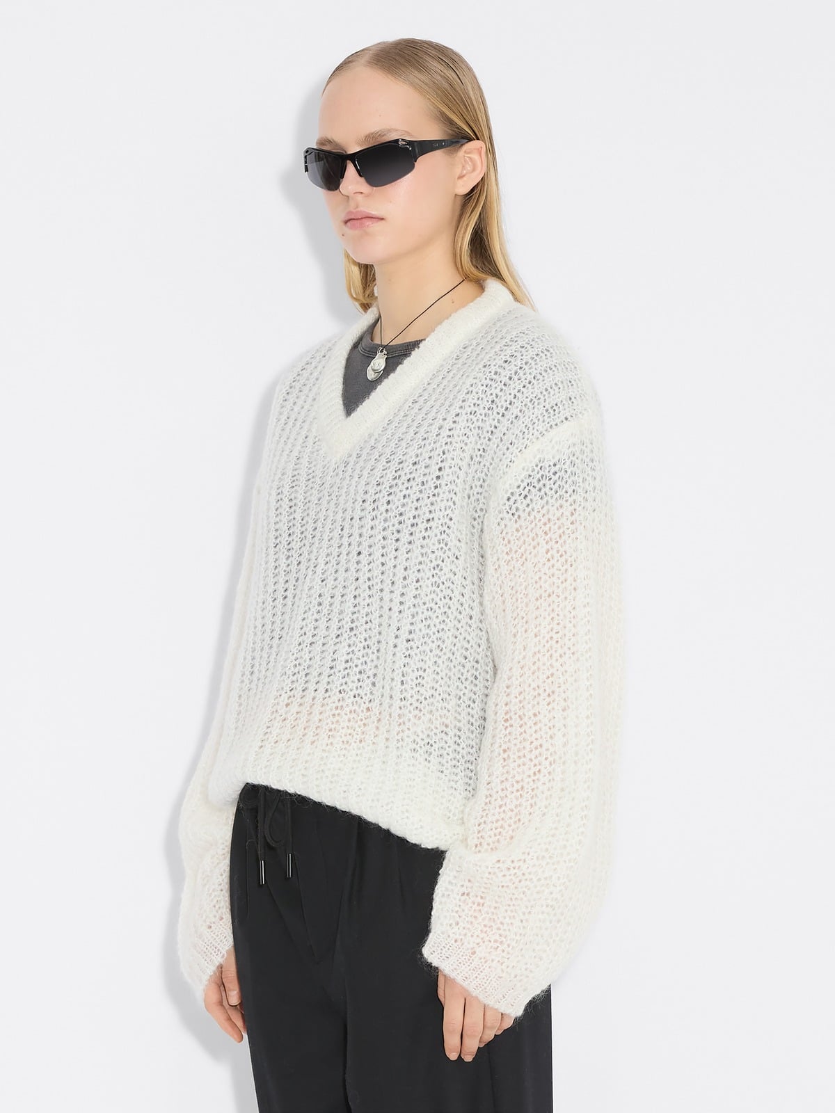 Boxy Mohair V-Neck Sweater - Ecru - Holzweiler