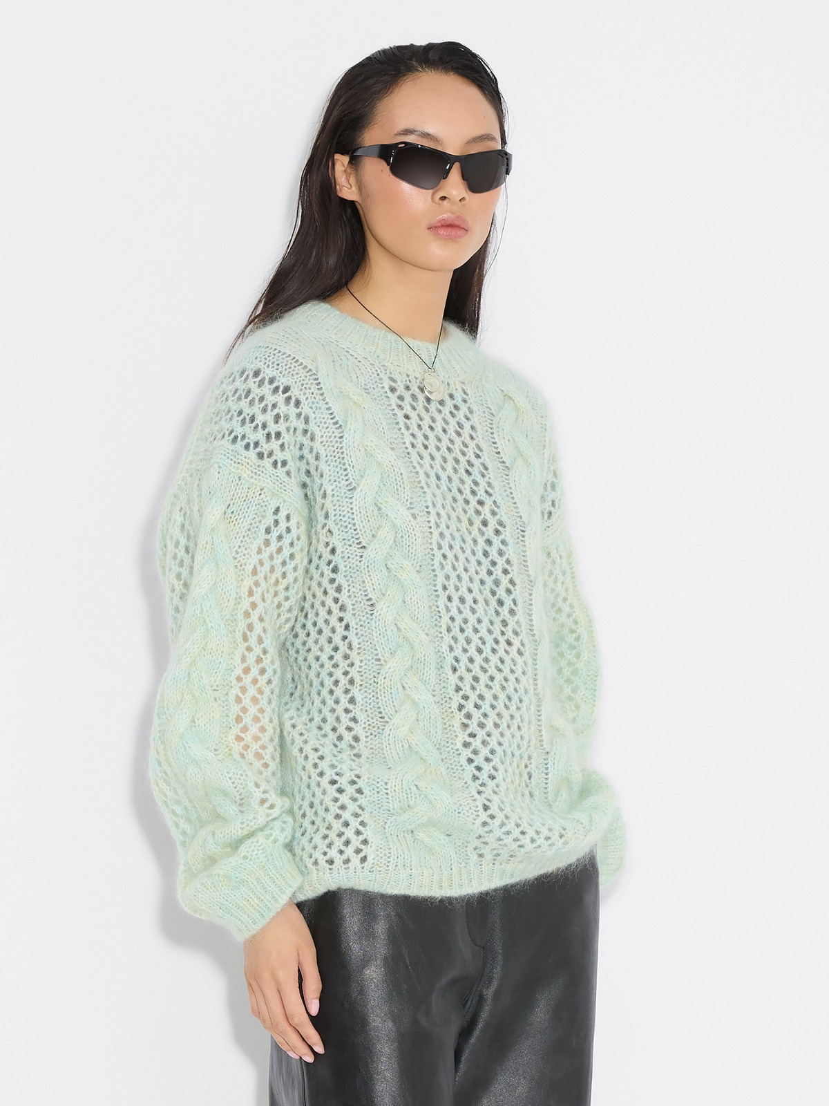 Mohair-Mix Cable Knit Crew - Green Mix - Holzweiler