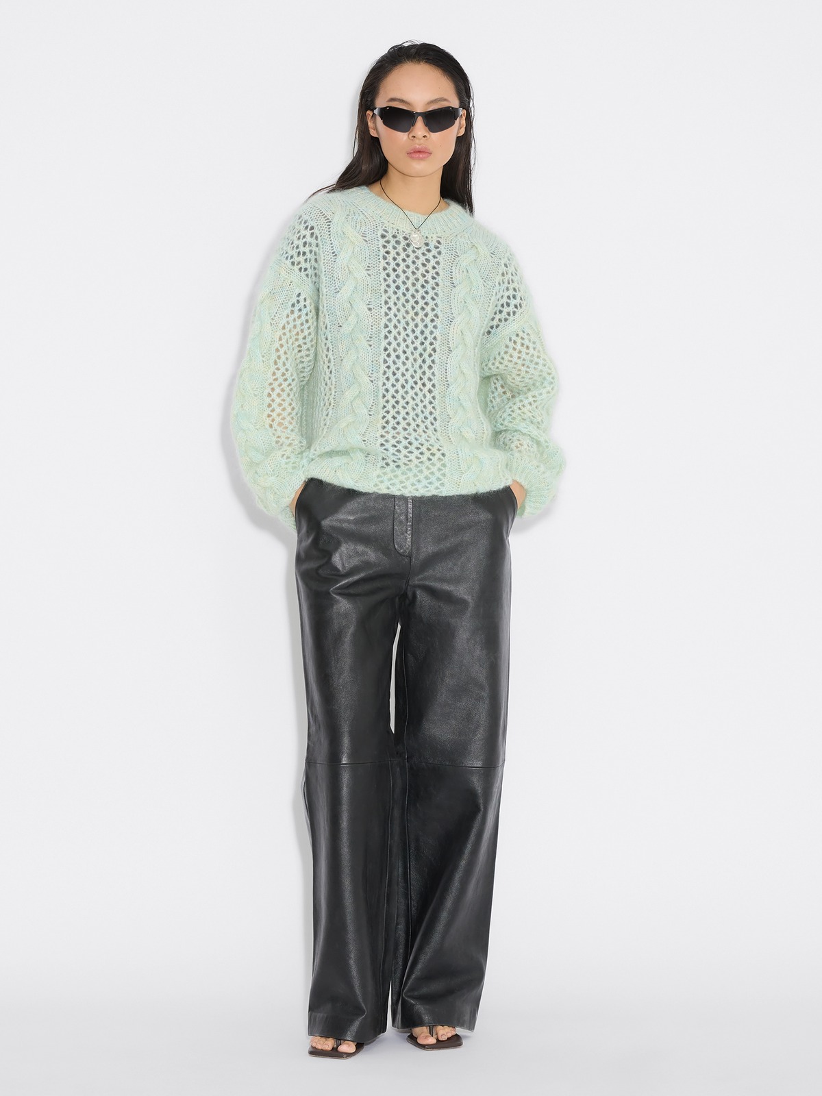 Mohair-Mix Cable Knit Crew - Green Mix - Holzweiler